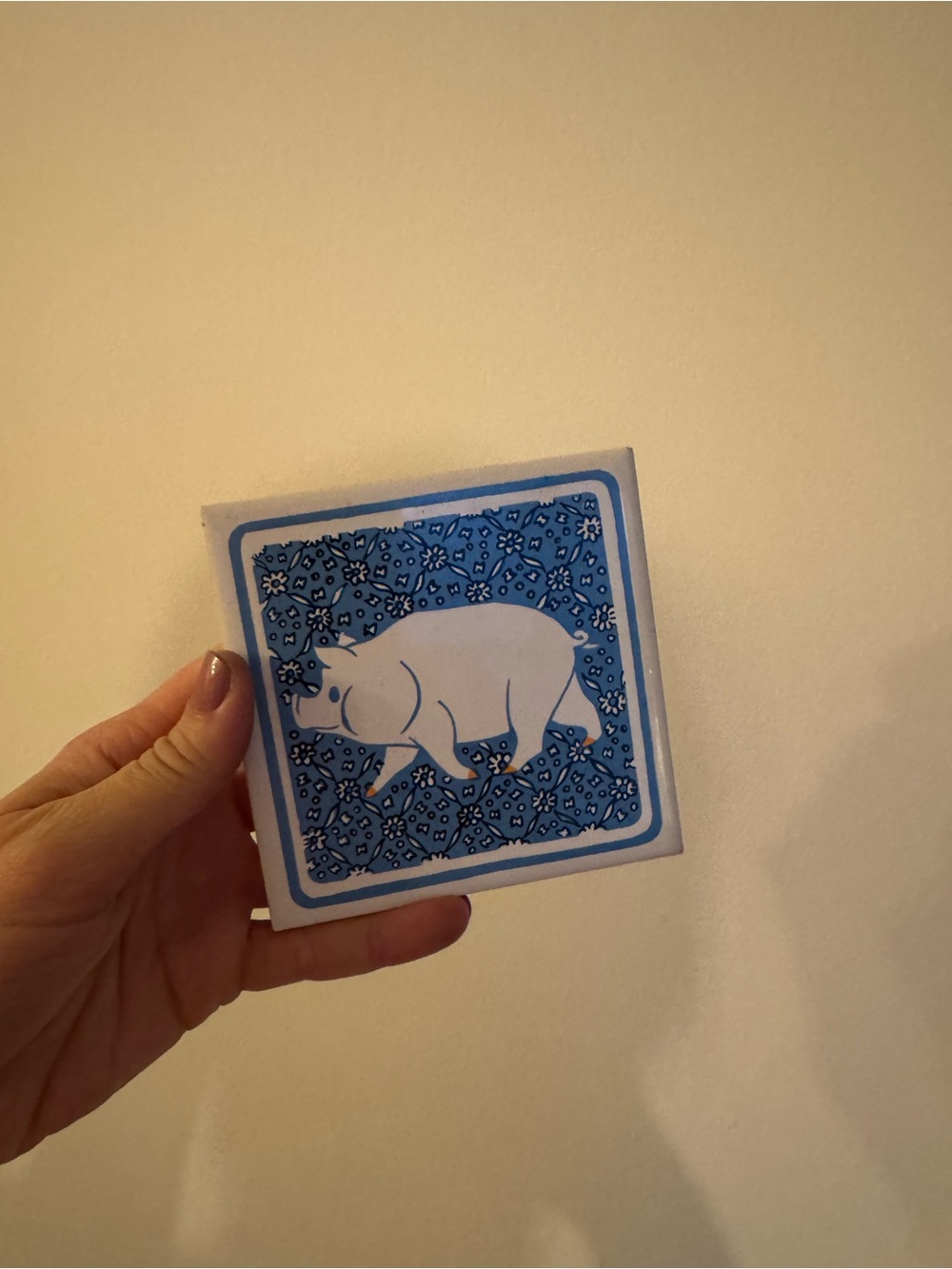 Vintage 1984 Blue and White Pig Tile Trivet Coaster